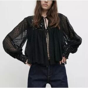 ZARA Long Sleeve Dotted Sequin Black Tie Front Jacket